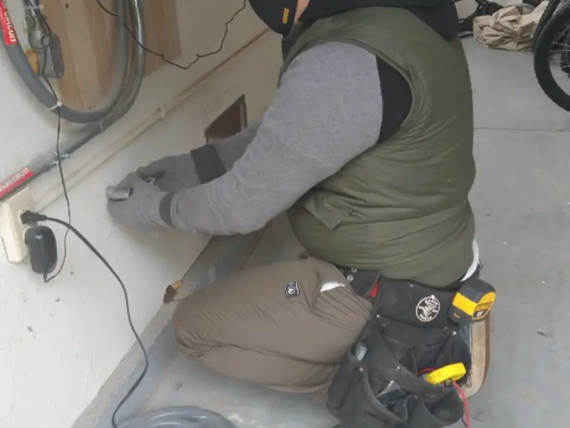 Electrician performing outlet wiring in a Redland garage